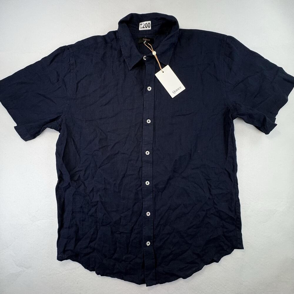 Quince Shirt Mens Large Navy Solid Short Sleeve 100% Linen Relaxed Button Up